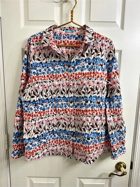 J. McLaughlin Floral Cotton Long Sleeve Blouse in White & Blue Size XL Like New